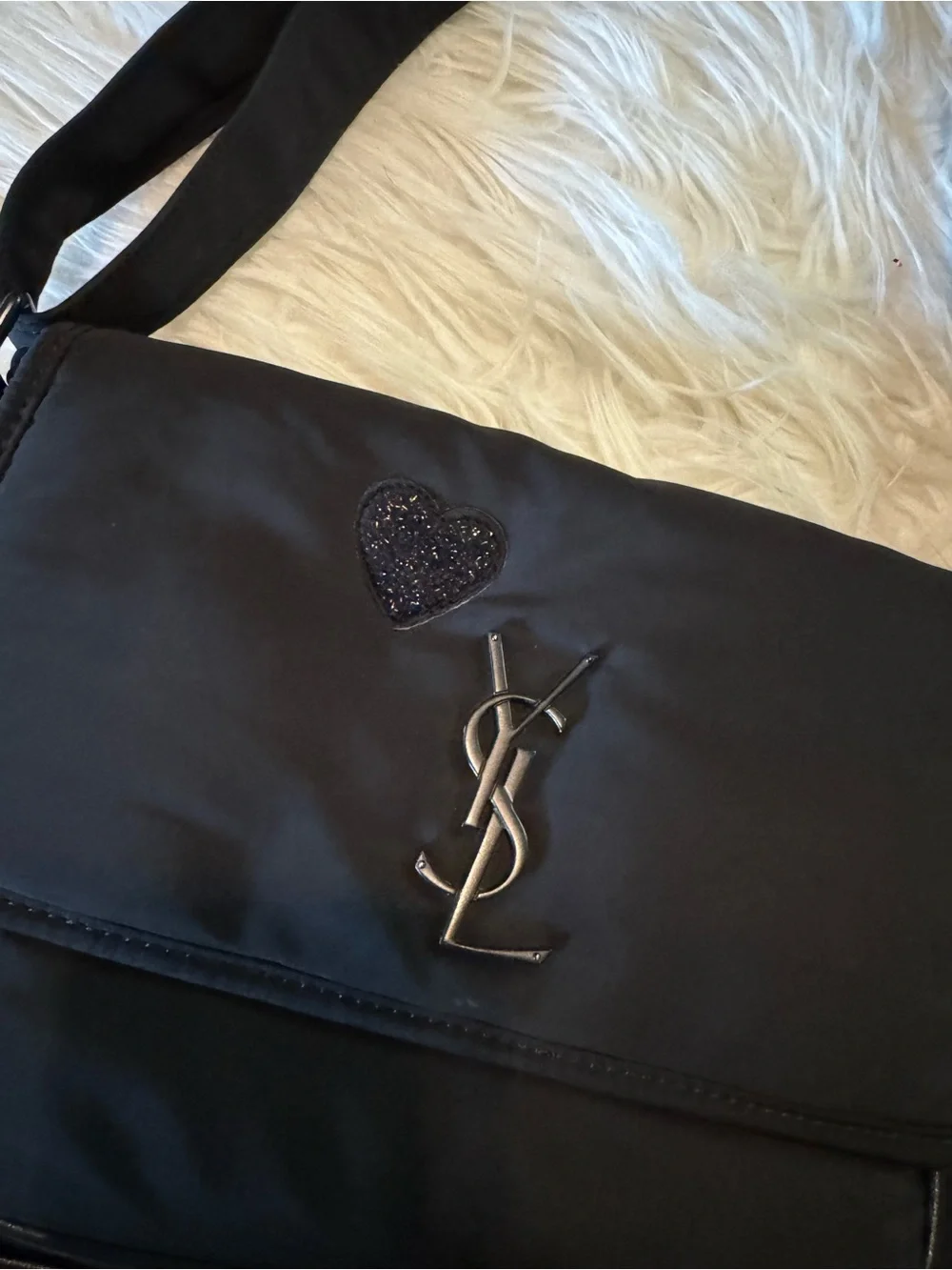 Yves Saint Laurent Black Nylon Shoulder Bag with Heart Detail